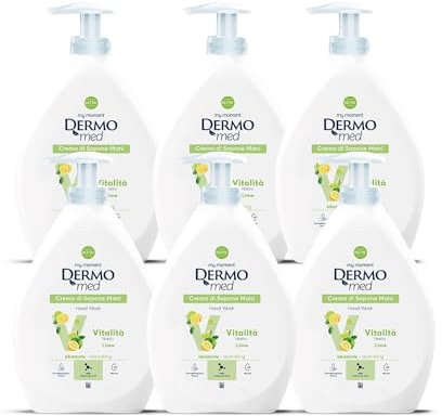 Dermomed Sapone Liquido Mani Vitalità al Lime con Acido Ialuronico e Glicerina, Idratante, Energizzante e pH Neutro, Profumo Agrumato e Frizzante, Dermatologicamente Testato, 600 ml x 6