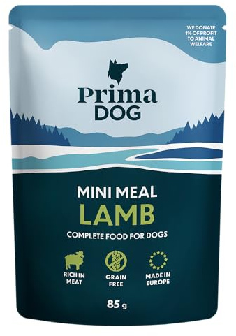 PrimaDog – Mini Meal våtfoder för hundar, lamm i sås, 24 x 85 g | Helfoder, lamm i saftig sås, hög kötthalt, spannmålsfri, utan konstgjorda smaker och konserveringsmedel