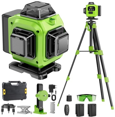 Nivel Laser Autonivelante 360 Grados, Nivel Láser Verde 16 Líneas, 2 x 360 Horizontal y 2 x 360 Verticales, 2 x Batería, Montaje en Pared, Control Remoto, Base Magnética, Soporte Giratorio, Trípode