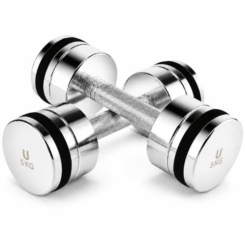 unycos - Par de Mancuernas Ajustables【5 kg】Acero Inoxidable Cromado, Pesas con Mango Antideslizante y Anillos de Silicona para Reducir Fricción, Entrenamiento y Gimnasio en Casa (Titan Transformer)