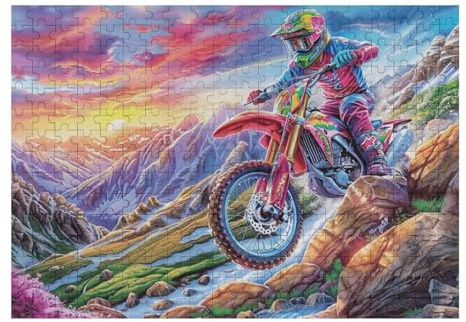 Piloto de Motocross en montaña al Atardecer Puzzle 300 Piezas Educativo Familiar Rompecabezas 3D para Toda La Familia Aliviar Estrés Decoración Hogar Portátil 300 PCS