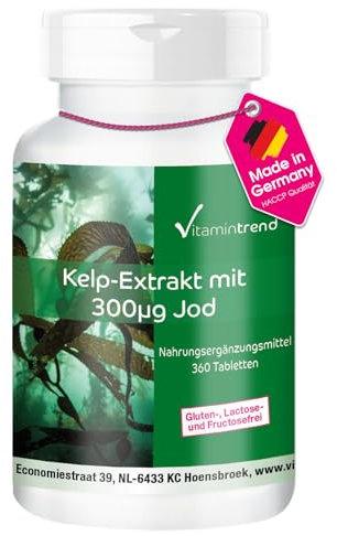 Vitamintrend Kelp Extrakt mit 300mcg Jod, 360 Tabletten, hochdosiert, Nahrungsergänzungsmittel vegan ohne Magnesiumstearat, in Deutschland hergestellt