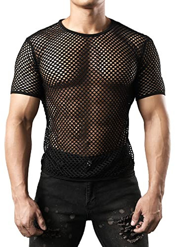 JOGAL Herren Muskel Transparent Kurzarm Shirts Netz Hemd XX-Large Schwarz
