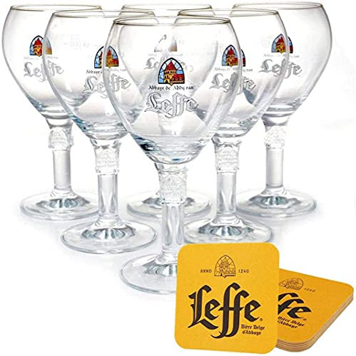 Leffe Bierglas 0,25 L [6er Set] mit 6 Originale Bieruntersetzer (Bierdeckel) - Original Leffe Gläser 0,25 L für Gastronomie und Sammlung - 25cl Bier Glas - Spülmaschinenfest - NEU