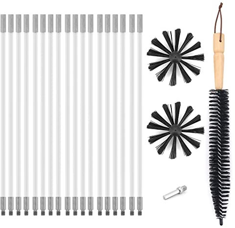 Yuhtech 22 Pcs Brosse Nettoyage de Cheminée, Kit de Ramonage avec Tiges en Nylon, Têtes de Brosse, Connecteur de Perceuse, Brosse Longue pour Cheminée, évent de Sécheuse, Tuyau d'égout, Hotte