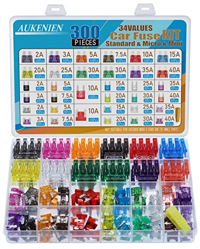 AUKENIEN 33 värden 300 st bilsäkringskit 2A 3A 5A 7,5A 10A 15A 20A 25A 30A 35A 40A medium mini mikrosäkring bil 12 V bilsäkringar och 1 st säkringsdragare