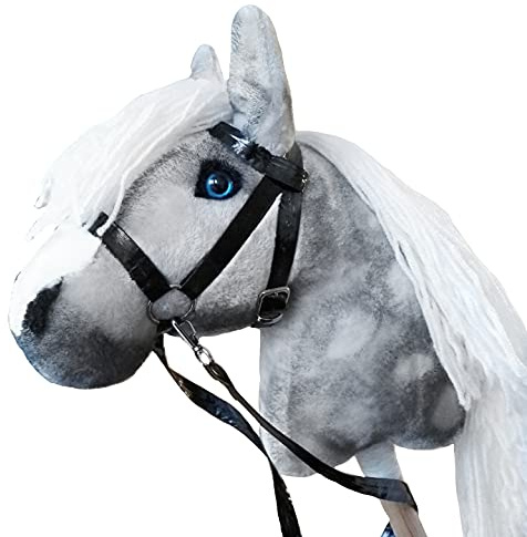 Hobby Horse A4 - Realistic Hobbyhorse with Bridle - Grey Toy Plush Horse Head on Stick - Blue Eyes White Mane