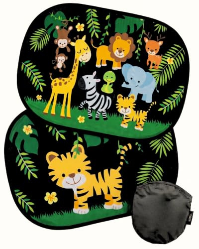 HECKBO 2 x bilsolskydd med 8 sugkoppar – djungeldjur motiv – 44 x 36 cm – bilfönster sidofönster solskydd bilsolskydd sidoruta – med ficka – för baby barn, flickor, pojkar