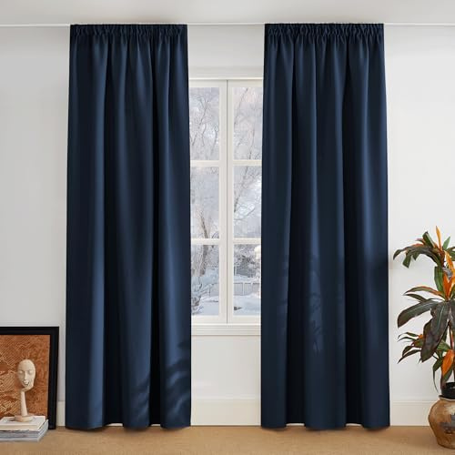 PONY DANCE Blackout Curtains, Ruffle Tape, Set of 2, H 245 x W 140 cm, Opaque Living Room Curtains for Rail System, Darkening Curtains, Dark Blue