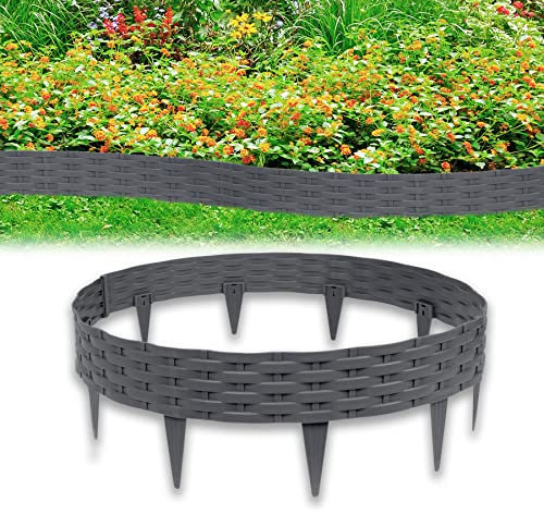 Froadp 100cm Imitación de Ratán Delimitadores de Bordes para Jardín, Borduras de Cama Flexible de Plástico, Bendable Vallas de Césped para Parterres, Empalizadas Bordillos (25 Piezas, Antracita)