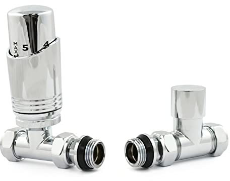 Hot Flow Chrome Cascade Straight Modern TRV Thermostatic Radiator Valve (Pair) Includes TRV Body & One Lock Shield for Quick & Easy Temperature Control. Perfect for Energy Saving.