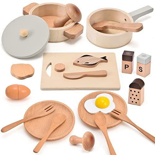 Atoylink Kinderküche Zubehör Holzspielzeug Spielküche Zubehör 21STK. Küchenspielzeug Kochgeschirr Töpfe und Pfannenset Kinder Küchenset Rollenspiel Geschenk für Jungen Mädchen ab 3 4 5 6 Jahren