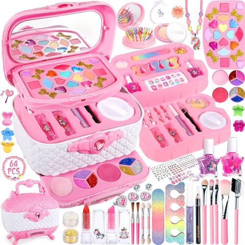 POWZOO Kinderschminke Set Mädchen,64 PCS Kinder Schminkkoffer Mädchen Spielzeug,Waschbar Schminke,Kinder Make Up Set,Prinzessin Weihnachts Geburtstags Geschenke für Mädchen 5 6 7 8 9 10-12 Jahre.