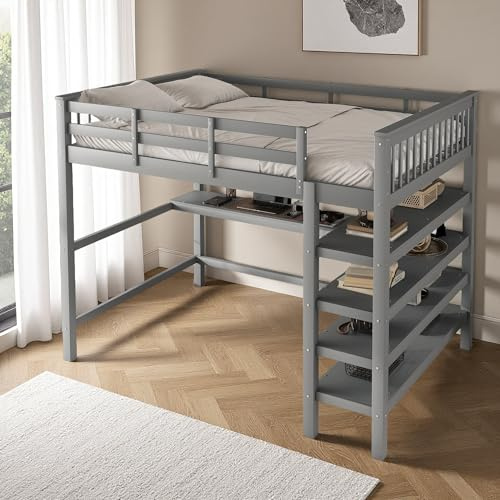Sapgaks Lit Mezzanine Enfant avec Bureau et Support de Rangement,lit cabane Enfants 140x200,lit Mezzanine 2 Place,lit Enfant avec Garde-Corps Haut,Gris