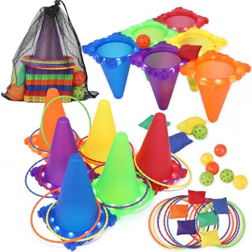 3 in 1 Kinderparty Wurfspiele - Ringwurfspiel, Karnevals-Spiele-Set, weiche Kunststoffkegel, Sitzsäcke, Ringwurfspiele für Kindergeburtstag, Party, Outdoor-Spiele, Zubehör, 30-teiliges Kombi-Set