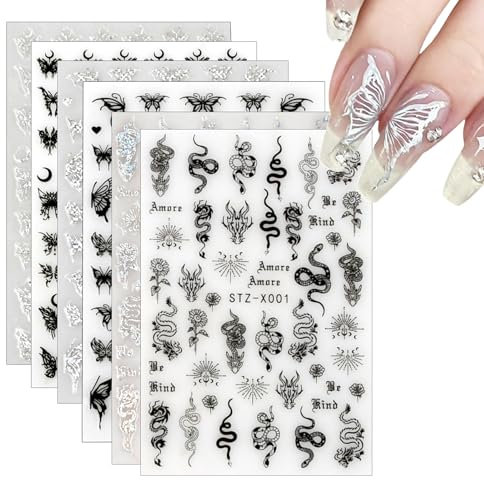 6 fogli adesivi adesivi per unghie, autoadesivi a farfalla Deco Unghie Nero serpente manicure arte design adesivi chiodo chiodo Nail Art Sticker stella luna per donne ragazze fai da te