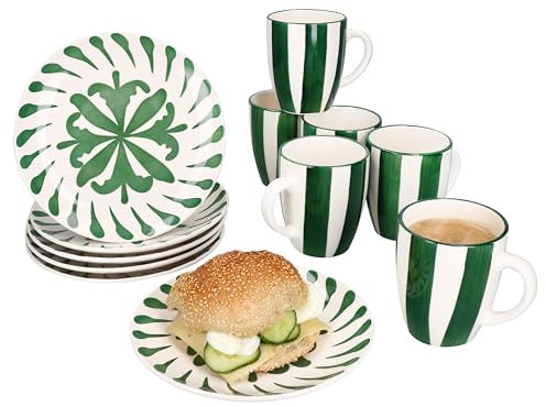 MamboCat Service de petit-déjeuner vert sapin 12 pièces I 6 petites assiettes à petit-déjeuner et 6 tasses à café pour 6 personnes avec branches et rayures I Noël