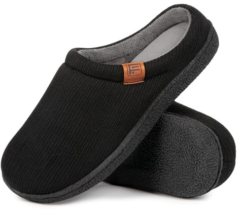 FamilyFairy Women’s Slippers Cosy Memory-Foam Striped Knit Non-Slip Indoor Outdoor Ladies House Shoes Black,7-8