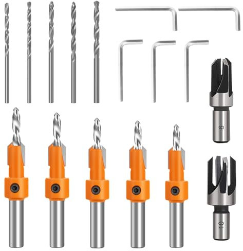 Juego de Brocas Avellanadoras, 5 piezas Brocas Madera de 8 mm, 5 piezas Taladro reemplazable 2.8/3/3.2/35 / 4 mm, llave hexagonal de 5 piezas, 2 piezas de tapón de madera diamante (color naranja)