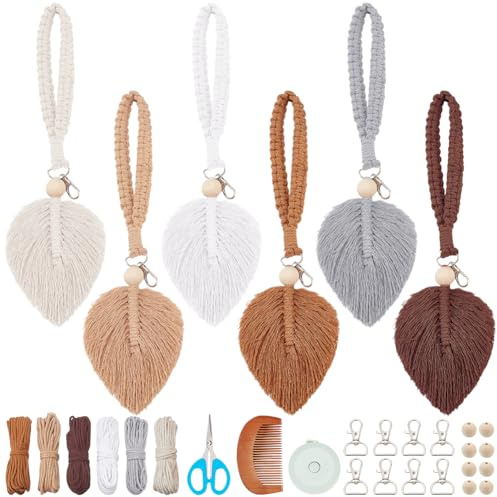 PLIGREAT Set di 6 portachiavi fai da te con piume macramè per principianti, boho foglia macramè, kit da polso fatto a mano, colorato macramè cordino per chiavi, borsetta, decorazione