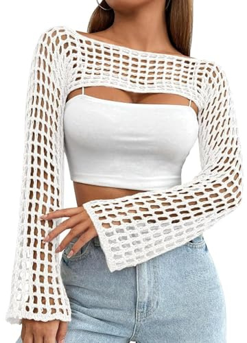 CAMNOW Top corto da donna all'uncinetto Y2k lavorato a maglia coprispalle maglione scava fuori manica lunga bikini trasparente, bianco, S