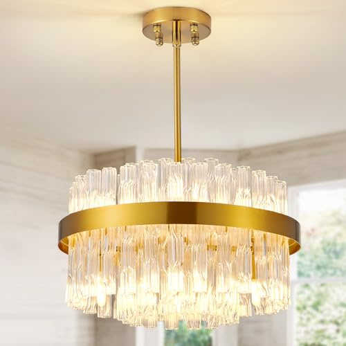 KUNYEEE Lampadari in cristallo dorato Lampada da soffitto in cristallo Lampadari rotondi Lampada a sospensione per soggiorno, cucina, isola, tavolo da pranzo, corridoio, G9 x 8 luci 40 cm