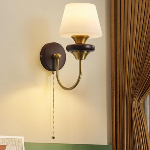 Aplique de pared de latón con base de madera maciza, lámpara de pared con pantalla acrílica blanca, lámpara de pared interior con interruptor de cordón, luminaria retro para sala de estar, restaurante