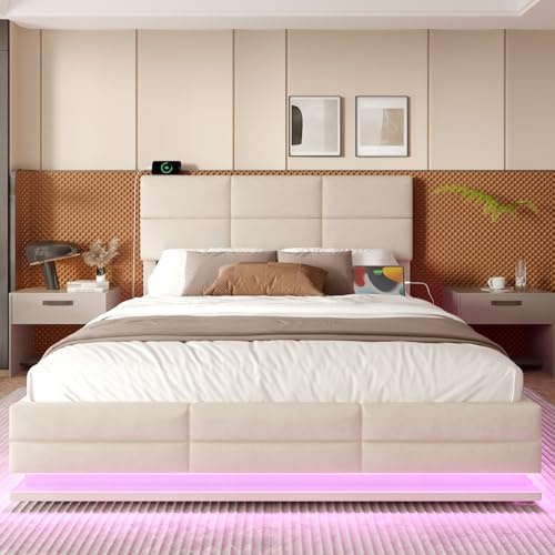 Sweiko - Cama de 140 x 200 cm moderna de terciopelo con cabecera de cama ajustable en altura, conexión USB y tipo C, iluminación LED ambiente sistema hidráulico de elevación y almacenamiento XXL