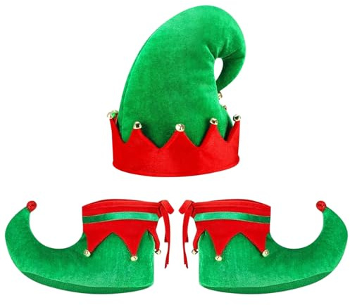 Gorro de Elfo Zapatos de Elfo para Niños, Accesorios Disfraces de Elfo de Navideño con Gorro Elfo Navidad Zapatos Elfo, Sombrero de Elfo Zapato Elfo para Niños Niñas Carnaval Navidad Cosplay (B)