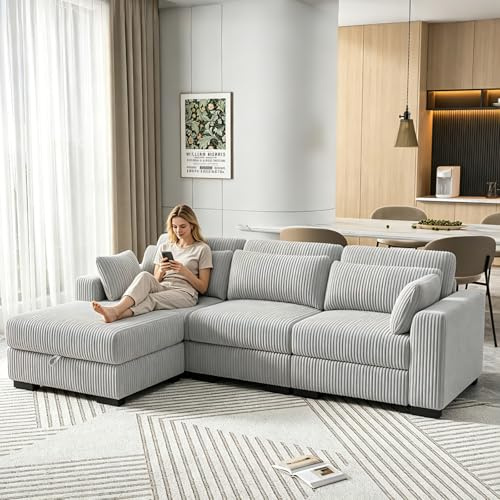 Sofa de 3 Plazas,Sofá Acolchado Sofas de Salon Cheslong Sofa Cama Chaise Longue Sofá Modular Suelo Sofás en Forma de L de Pana con Cojín Y otomano (Gris, 3 plazas+1 reposapiés)