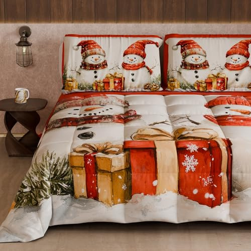 PETTI Artigiani Italiani - Trapunta Matrimoniale Invernale di Natale, Piumone Matrimoniale Natalizio, Trapunta Double Face Tinta Unita e Stampa Digitale Pupazzo 1, Made in Italy