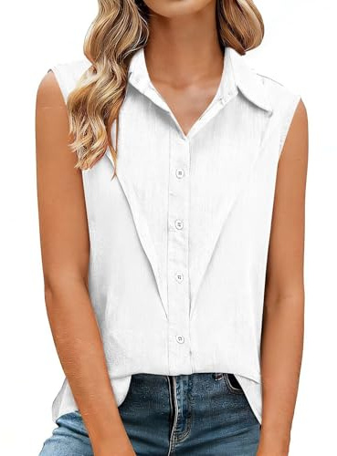 CGGMVCG Canotte da donna in lino taglie forti con colletto con bottoni, camicette casual con scollo a V camicie senza maniche estive allentate