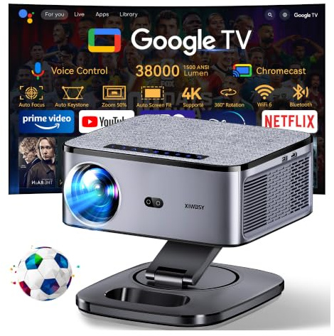 【1500 ANSI/Google TV/Auto Focus】 XIWBSY Videoprojecteur 4K Supporté, 38000 Lumen FHD, 360° Rotation, Projecteur Video 4K Contrôle Vocal, Retroprojecteur WiFi6 Bluetooth 5.3