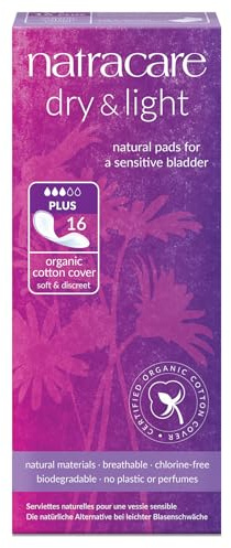 Natracare Dry & Light, Plus, Natural and Absorbent Pads with Organic Cotton Cover for Light Urinary Incontinence (1 Pack, 16 Pads Total)