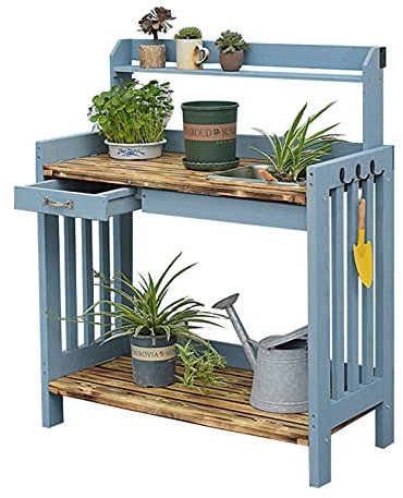 YYUN Pflanztisch aus Holz, Gartenarbeitstisch mit Schublade und 3 Seitlichen Haken, Abnehmbare Spüle, Wetterfest Gärtnertisch, Massives Kiefernholz, Blau