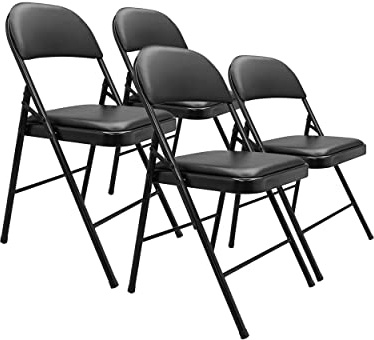 Amazon Basics Comfortable Vinyl-Padded Metal Steel Folding Chairs for Events, Easy to Fold and Store, Black, 4-Pack