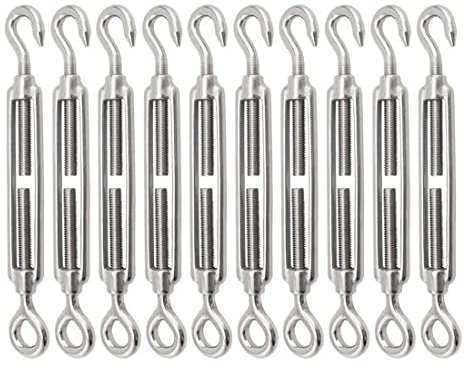 AHUNTTER 10PCS M5 Turnbuckle Wire Tensioner Heavy Duty 304 Hook & Eye Rope Cable Tension Set Adjustable Garden Wire Tensioner Kit for Clothesline Railing Decking Plants Fence - Silver