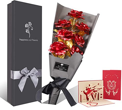 Rosenstrauß Gold, 7 Stück Goldrose Blumengeschenk für Frauen, Handgefertigt Goldfolie Künstlicher Rosenstrauß - mit Geschenkbox für Frau Freundin/Muttertag/Geburtstag/Hochzeitstag/Jahrestag (Red)
