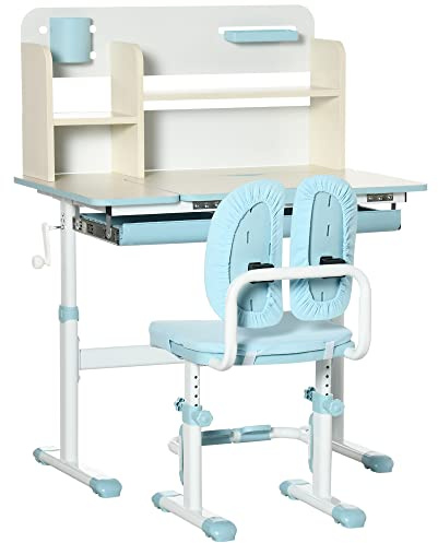 HOMCOM Banco Scuola con Sedia per Bambini 3-12 Anni Altezza Regolabile, Scrivania per Bambini con Piano Inclinabile e Cuscini Imbottiti, Acciaio e MDF, Azzurro