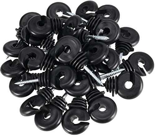 SINJEUN 100 Pack 3.3 Inches Black Electric Fence Insulators, Electric Fence Ring Insulator, Wood Post Screw In Insulators for Electric Fence