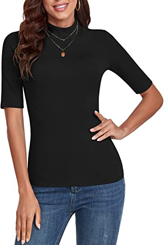 WOWENY Pull à Manches Courtes pour Femme élégant T-Shirt à 1/2 Bras avec Col Montant élastique T-Shirt à Col Roulé en Coton Tops de Base Chemise Chemisier, Noir, L