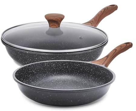 SENSARTE Nonstick Frying Pan Skillets, Swiss Granite Coating Omelette Pans, Healthy Cookware Chef's Pan, Free of Intentionally Added PFOA (8+11Inch with Lid)