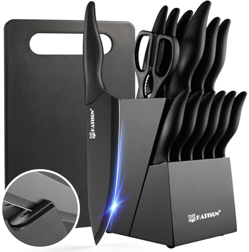 KATISUN 16 Pieces Kitchen Knife Block Set with Cutting Board, German Stainless Steel Knife Set with Sharpener, Dishwasher Safe, Anti-Slip Handle, 6 Steak Knives, Black