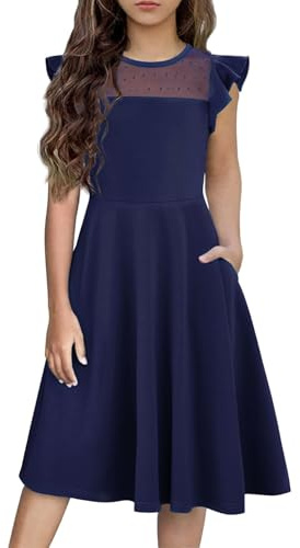 Arshiner Girls Dress Plain Flutter Sleeve Mesh A Line Skater Dress Party Sundress with 2 Side Pockets Casual Summer Dresses 11-12T Navy Blue 150