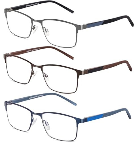 DJOLENSA 3er-Pack Lesebrillen für Männer, Blaulicht-Blocker, Computer-Lesebrille Herren, Metallrahmen mit Federscharnier & Etuis, schützt gegen Ermüdung/blendendes Licht/UV-Licht (Stärke +1.5