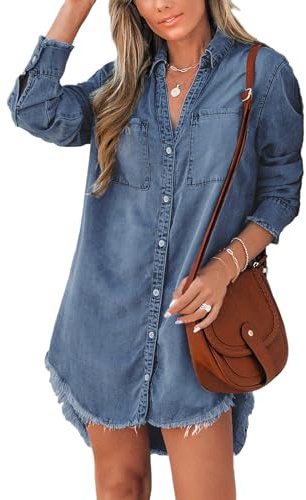 CUPSHE Mini robe tunique en jean pour femme, décontractée, surdimensionnée, à manches longues, ourlet effiloché, chemisier avec poches, noir foncé, M