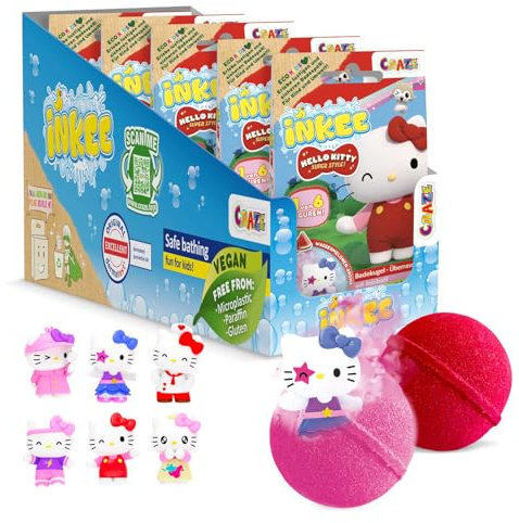 INKEE Hello Kitty confezione da 5 - bombe da bagno per bambini con sorpresa - 5 di 6 figure di Hello Kitty da collezionare - 5x palline da bagno da 80g con anguria e olio di jojoba, gusti rosa o rosso