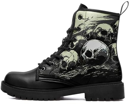 coolcustomize Stivali da combattimento da uomo con teschio gotico, punk rock, alla moda, con lacci, stivaletti alla caviglia per le donne in pelle leggera scarpe invernali, Teschio nero., 43.5 EU