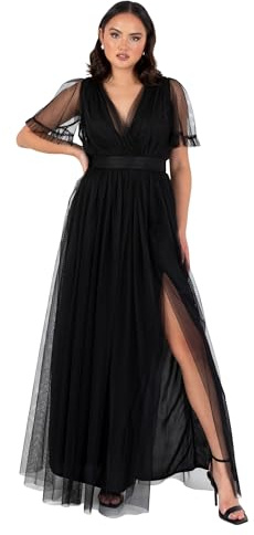 Anaya with Love Damer maxiklänning för dam V neckline kortärmad Frilly Long Empire Waist för bröllopsgäst Bridesmaid Maid of Honour, svart 52, svart, 50