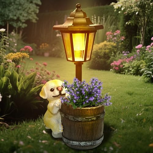 Weatherproof Solar Dog Planter Statue 34cm, Garden Ornament with Light | Resin puppy planter with auto sensor LED (on at dusk). Lovely garden accent for patio, balcony, or yard. Great gift for Mum.